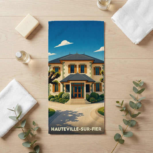 Serviette de bain souvenir de la ville de Hauteville-sur-Fier avec une illustration stylisée d'une villa.