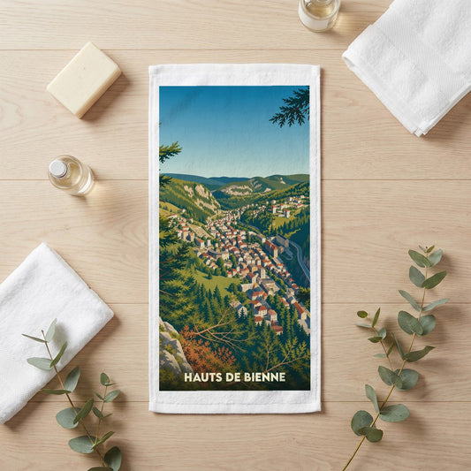 Serviette de bain souvenir de la ville de Hauts de Bienne avec une illustration stylisée.