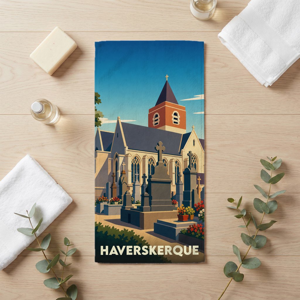 Serviette de bain souvenir de la ville de Haverskerque avec une illustration stylisée de son église et de son cimetière.