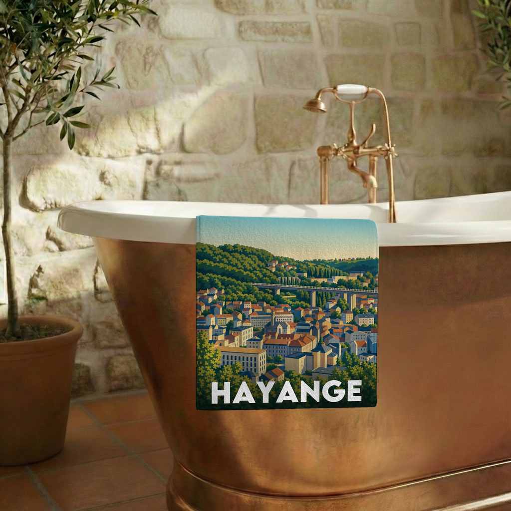 Serviette de bain souvenir de la ville de Hayange avec une illustration stylisée.