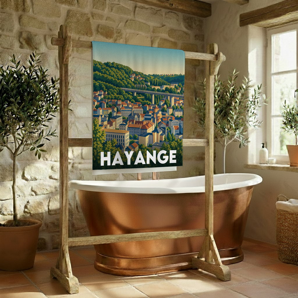 Serviette de bain souvenir de la ville de Hayange avec une illustration stylisée de son paysage urbain.