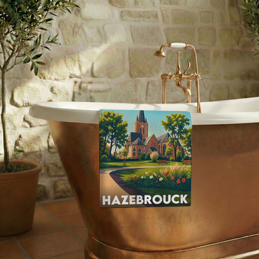 Serviette de bain souvenir de la ville de Hazebrouck avec une illustration stylisée.