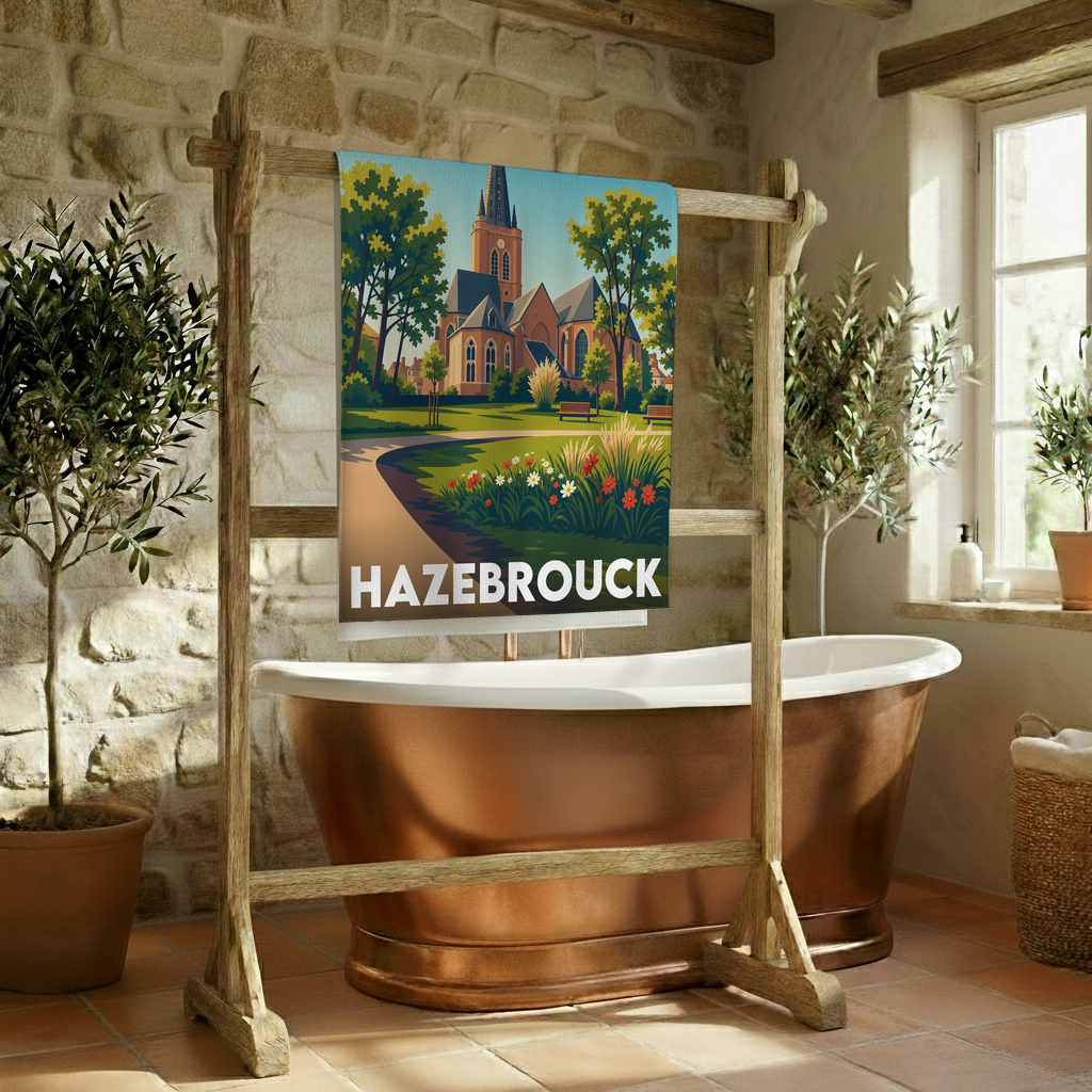 Serviette de bain souvenir de la ville de Hazebrouck avec une illustration stylisée.