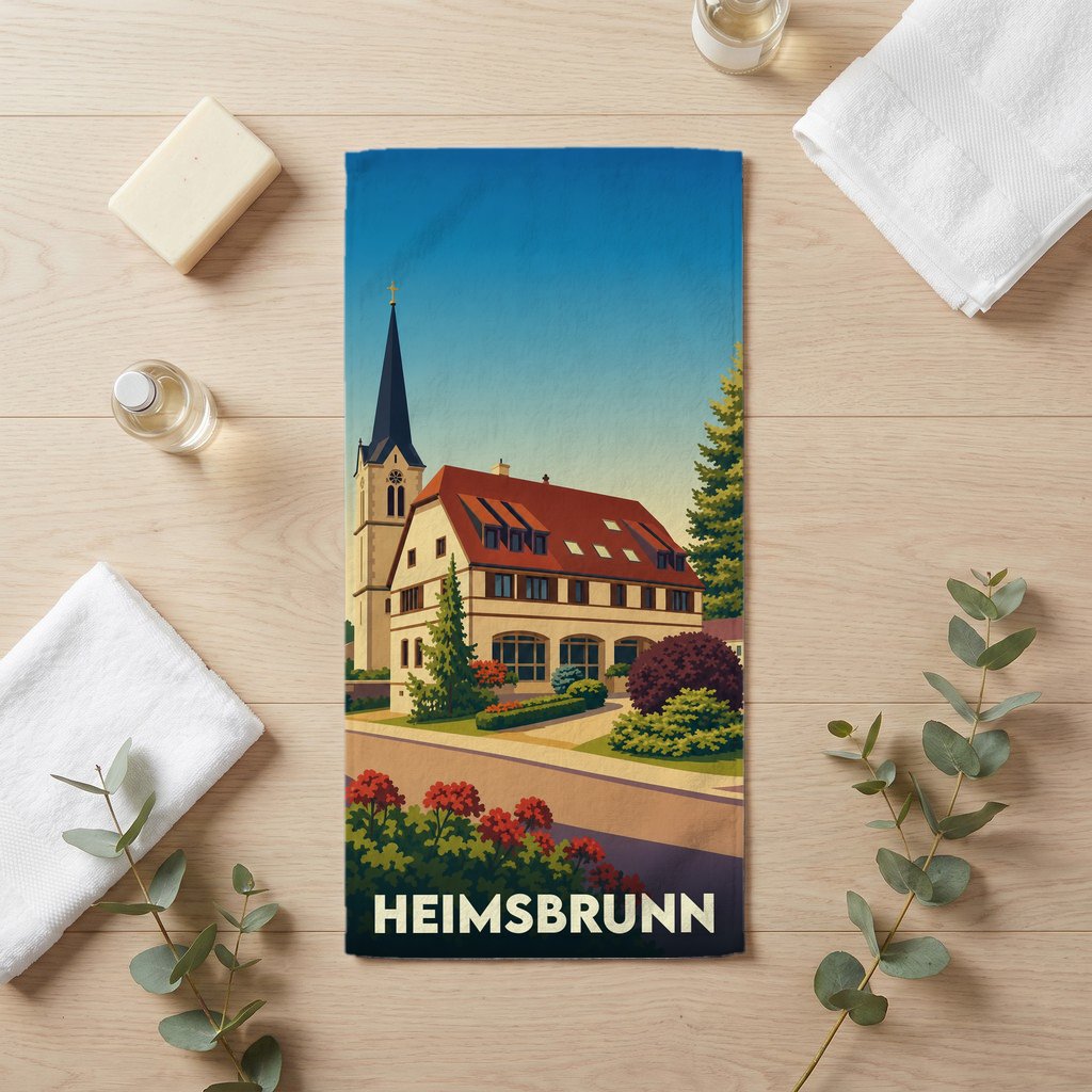 Serviette de bain souvenir de la ville de Heimsbrunn avec une illustration stylisée.