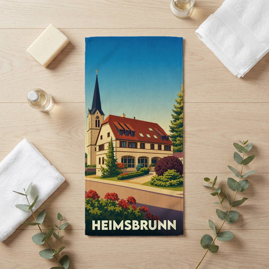 Serviette de bain souvenir de la ville de Heimsbrunn avec une illustration stylisée.