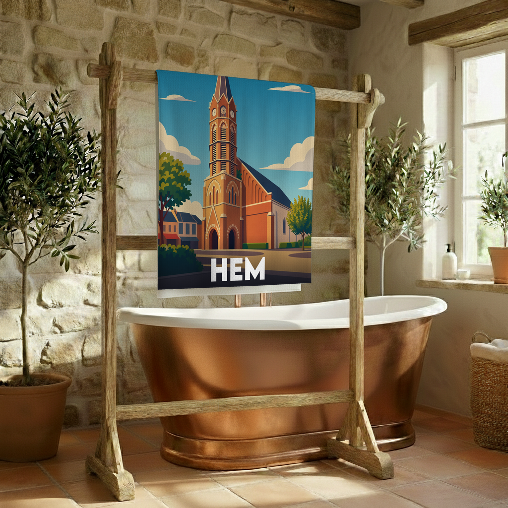 Serviette de bain souvenir de la ville de Hem avec une illustration stylisée d'une église.