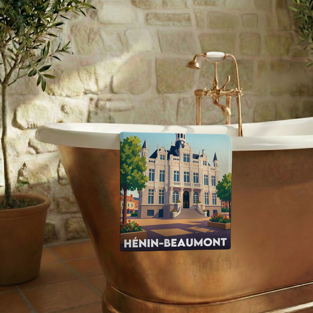 Serviette de bain souvenir de la ville de Hénin-Beaumont avec une illustration stylisée.