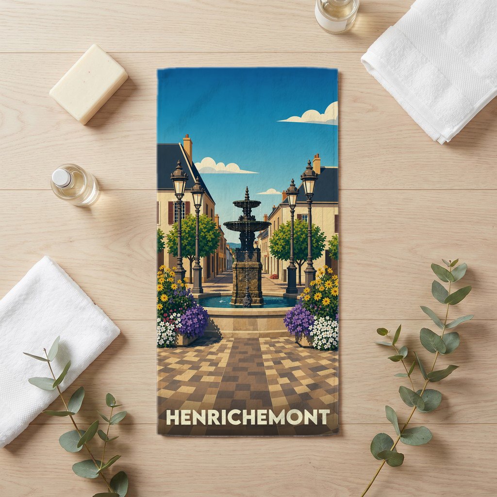Serviette de bain souvenir de la ville de Henrichemont avec une illustration stylisée d'une fontaine et de lampadaires.