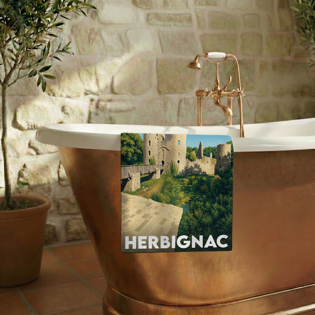 Serviette de bain souvenir de la ville de Herbignac avec une illustration stylisée de son château médiéval.