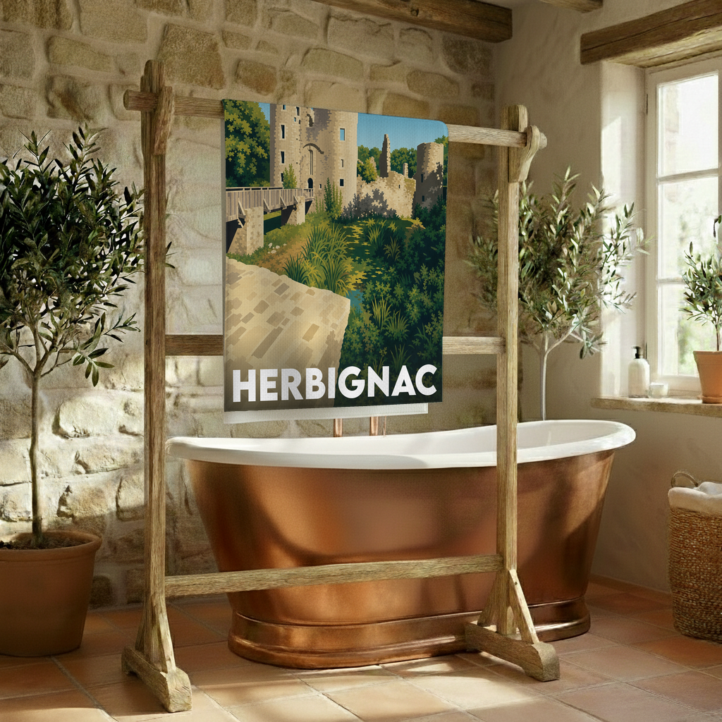 Serviette de bain souvenir de la ville d'Herbignac avec une illustration stylisée de son château.