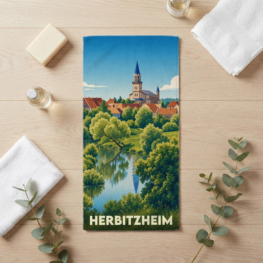 Serviette de bain souvenir de la ville de Herbitzheim avec une illustration stylisée d'un paysage urbain au bord de l'eau.