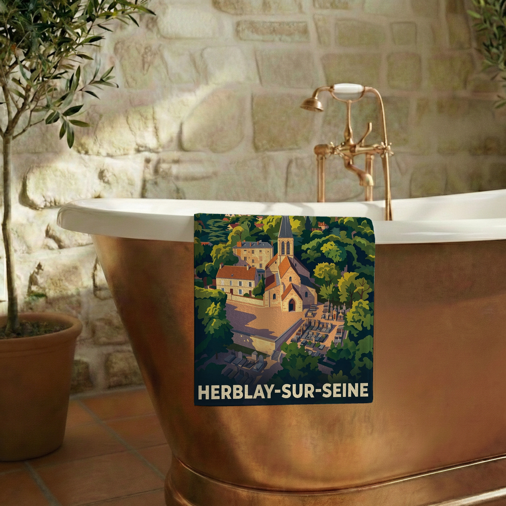 Serviette de bain souvenir de la ville de Herblay-sur-Seine avec une illustration stylisée.
