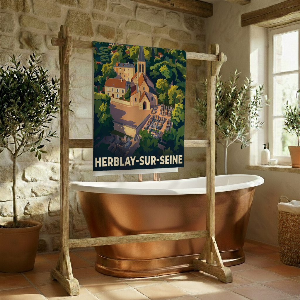 Serviette de bain souvenir de la ville de Herblay-sur-Seine avec une illustration stylisée.
