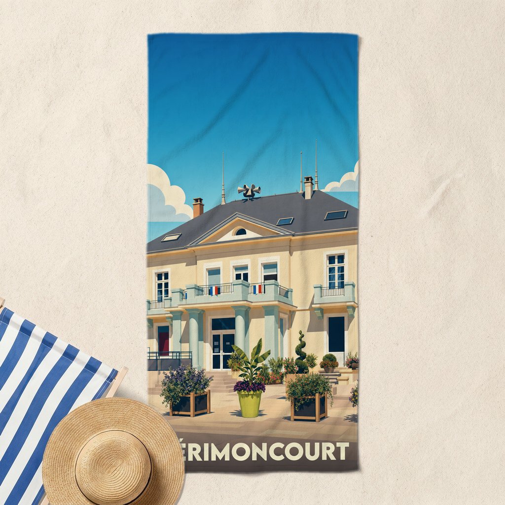 Serviette de bain souvenir de la ville d'Hérimoncourt avec une illustration stylisée de sa mairie.