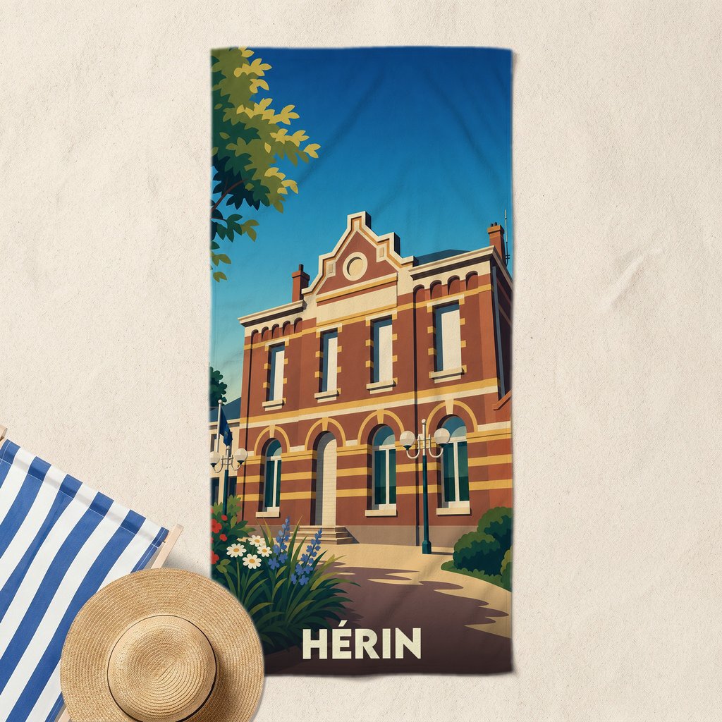 Serviette de bain souvenir de la ville de Hérin avec une illustration stylisée de sa mairie.