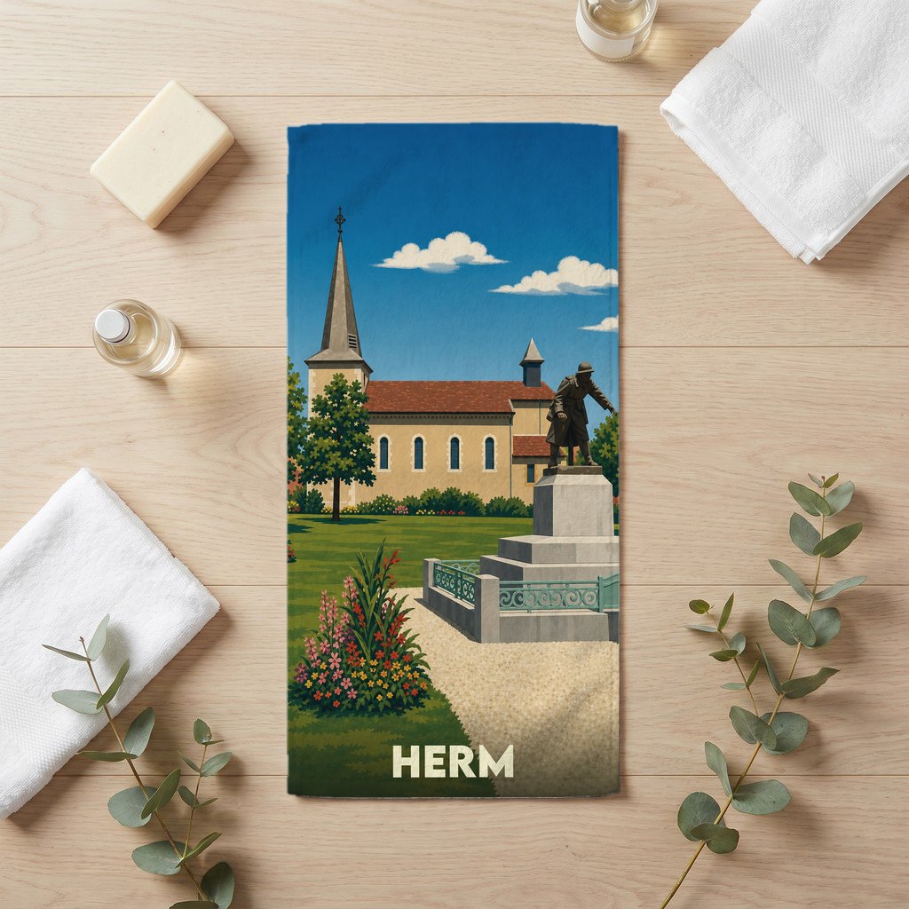 Serviette de bain souvenir de la ville de Herm avec une illustration stylisée.