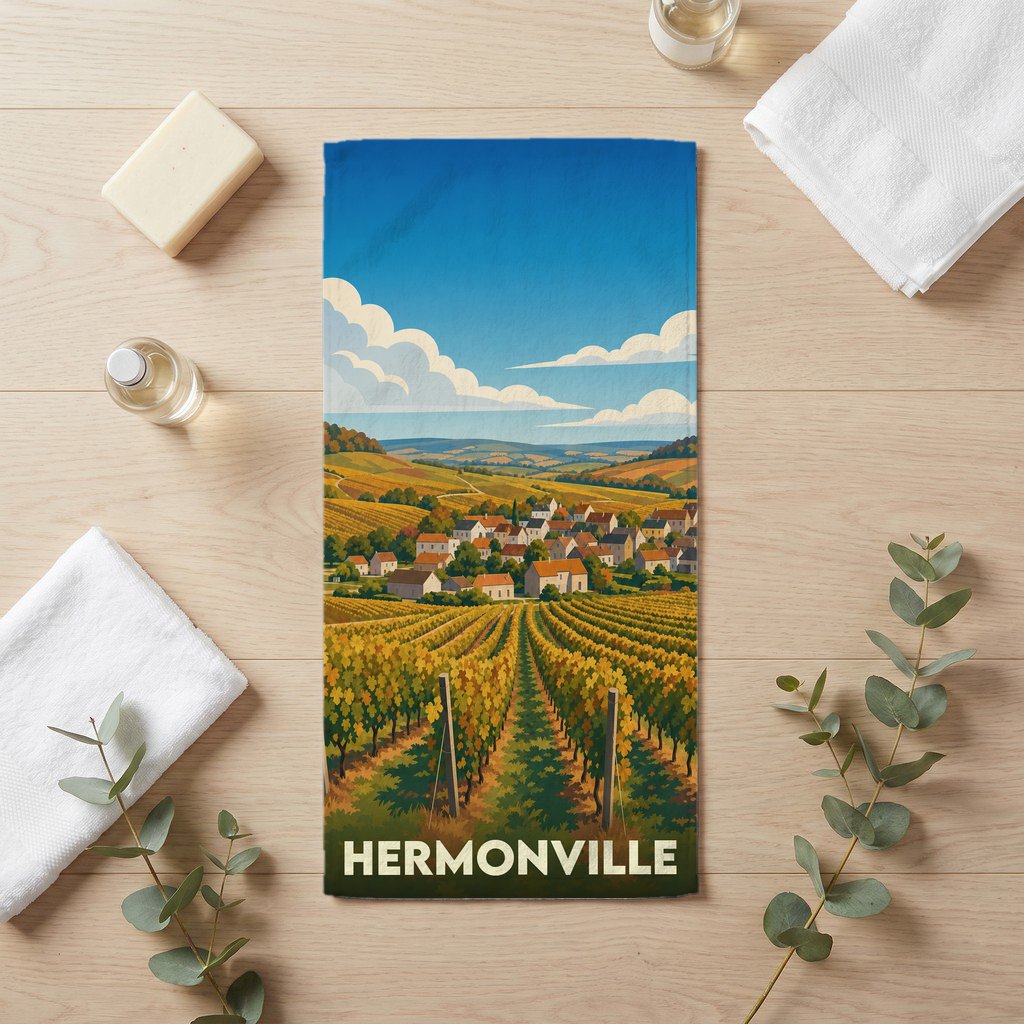 Serviette de bain souvenir de la ville de Hermonville ornée d'une illustration stylisée de vignobles.