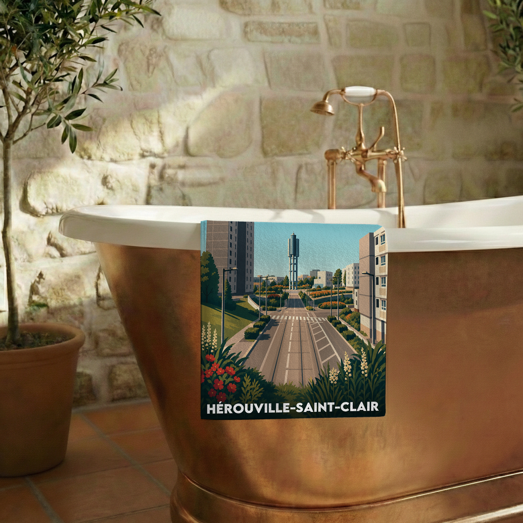 Serviette de bain souvenir de la ville de Hérouville-Saint-Clair avec une illustration stylisée.