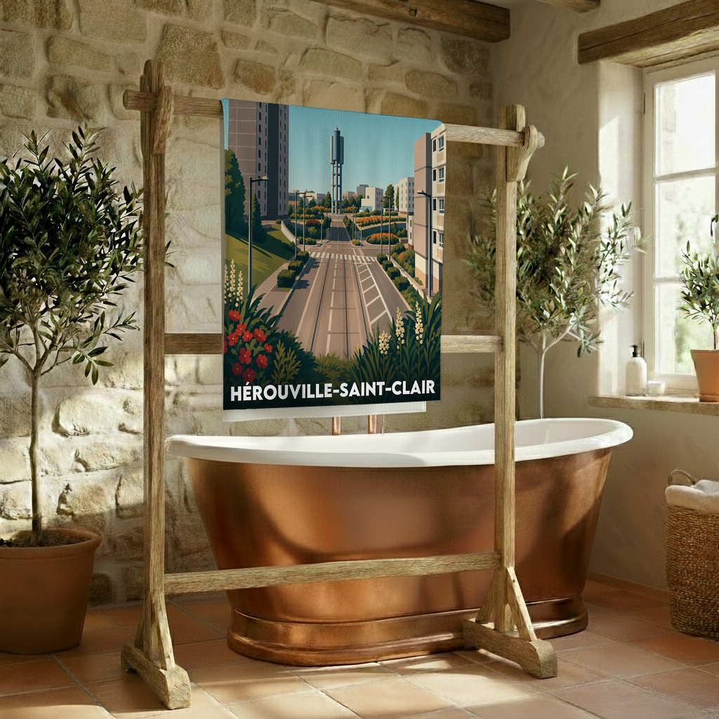 Serviette de bain souvenir de la ville de Hérouville-Saint-Clair avec une illustration stylisée.