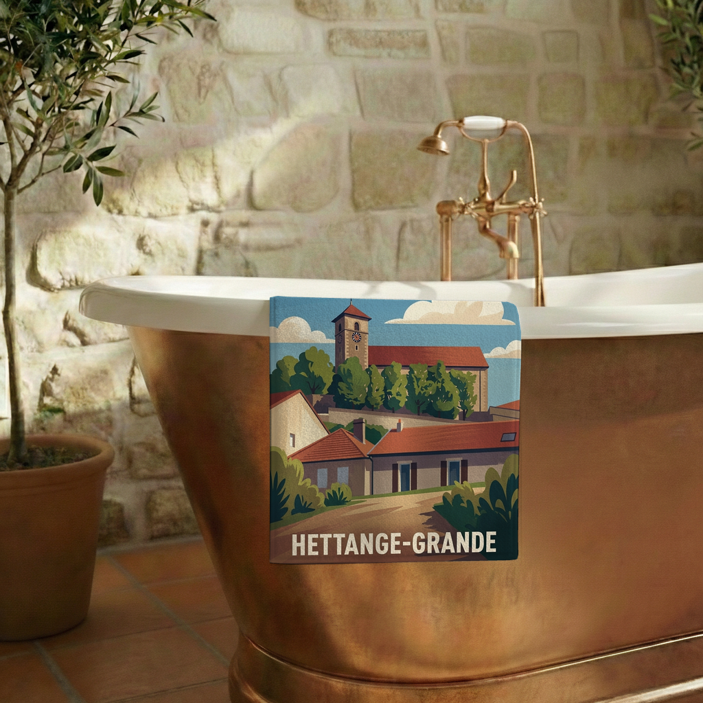 Serviette de bain souvenir de la ville de Hettange-Grande avec une illustration stylisée.