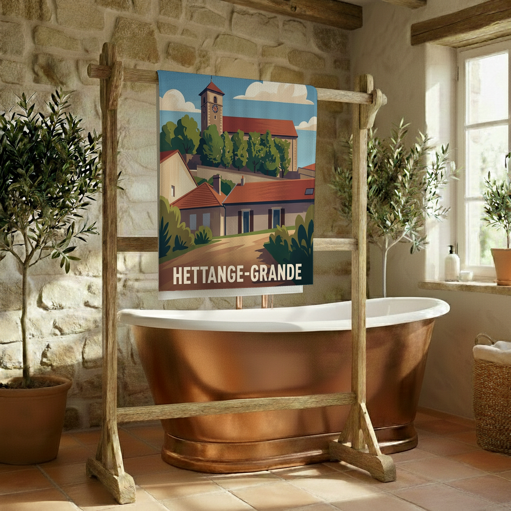 Serviette de bain souvenir de la ville de Hettange-Grande avec une illustration stylisée.