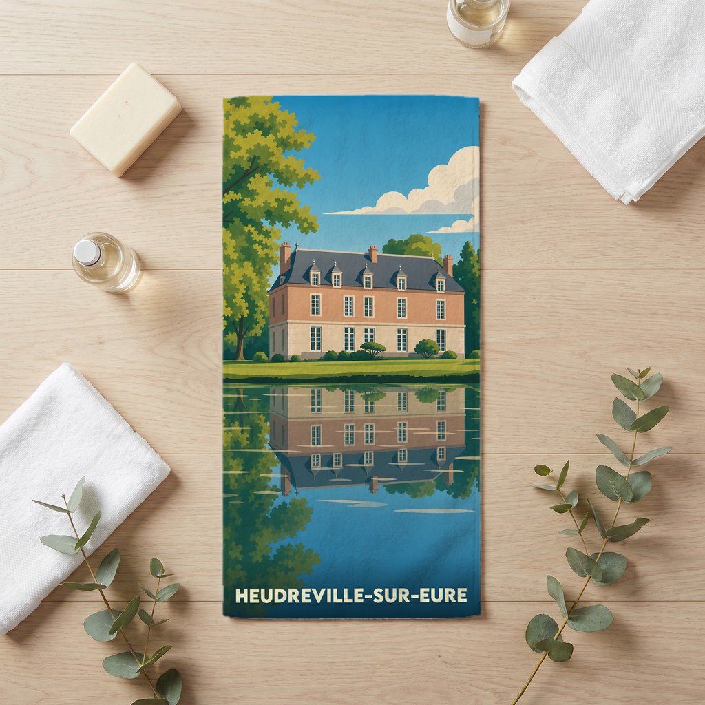 Serviette de bain souvenir de Heudreville-sur-Eure illustrant un manoir se reflétant dans l'eau.