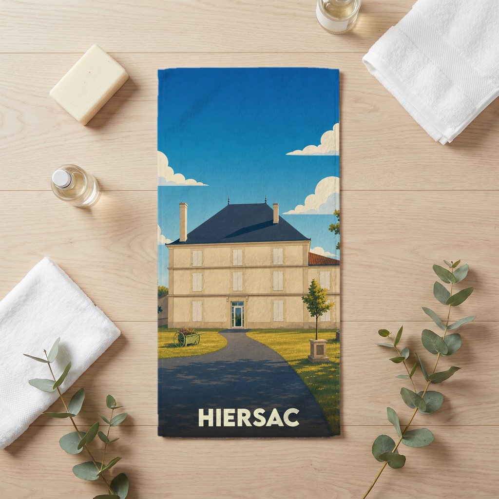Serviette de bain souvenir de la ville de Hiersac avec une illustration stylisée.