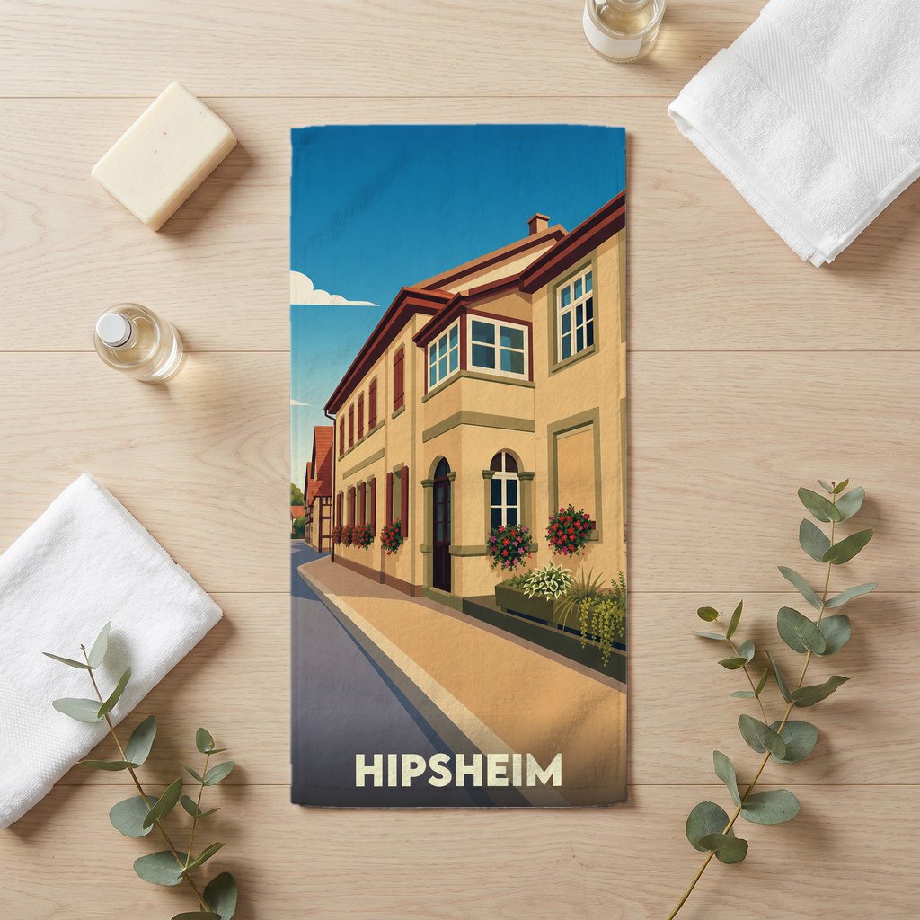 Serviette de bain souvenir de la ville de Hipsheim avec une illustration stylisée.