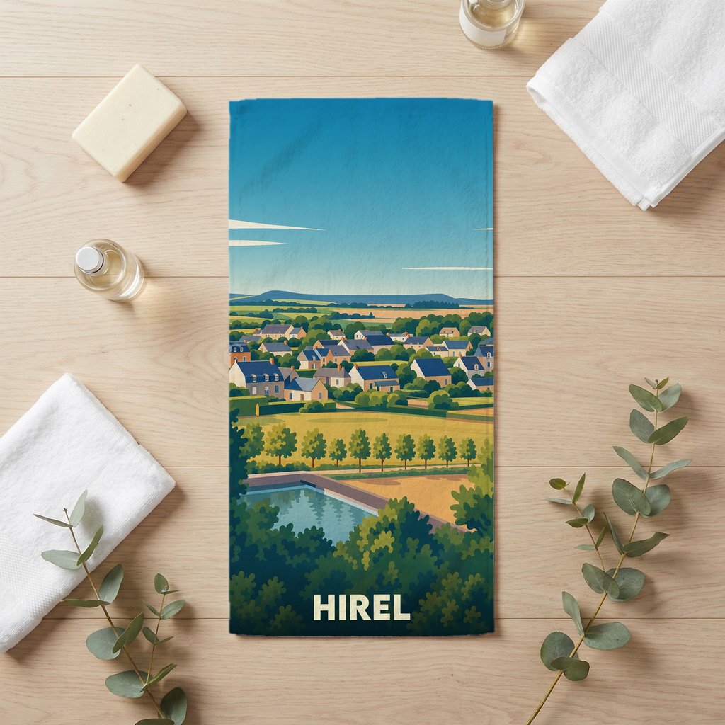 Serviette de bain souvenir de la ville de Hirel avec une illustration stylisée de son paysage.
