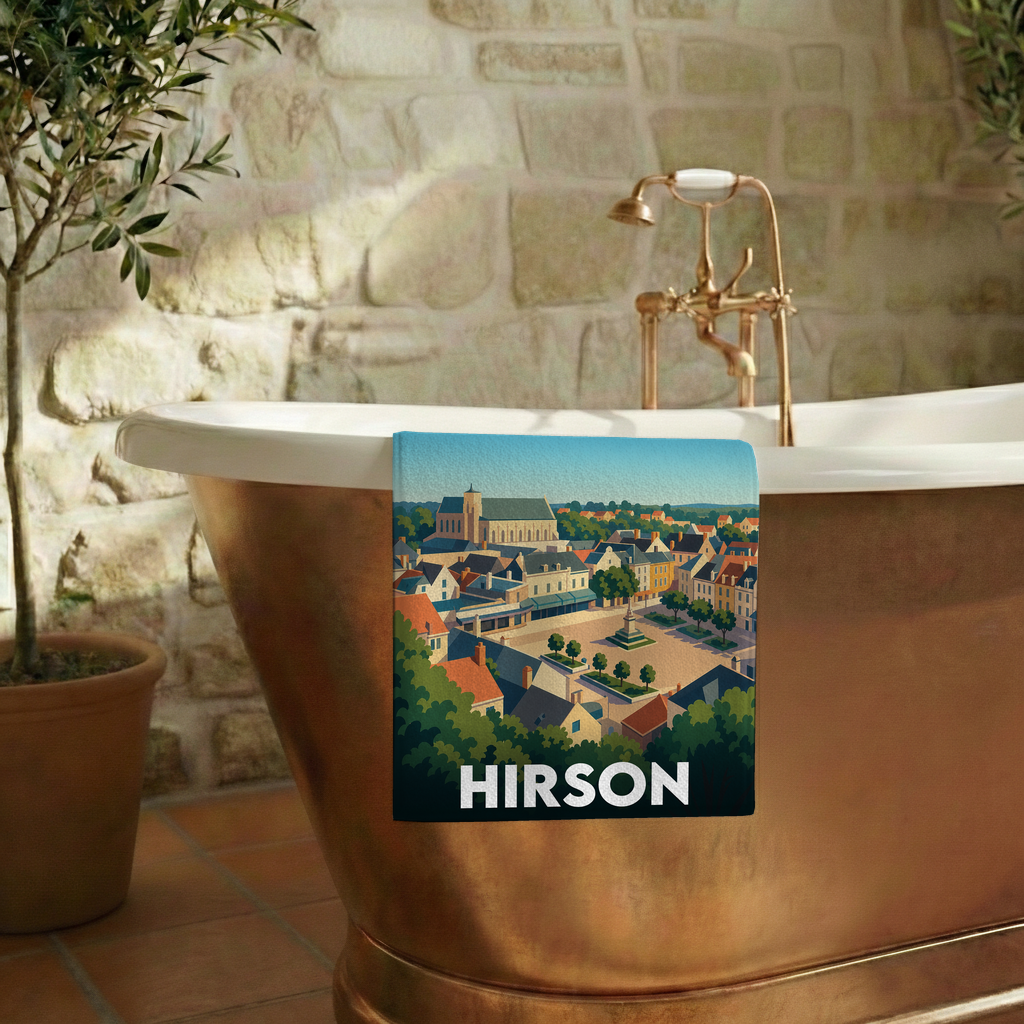 Serviette de bain souvenir de la ville de Hirson avec une illustration stylisée.