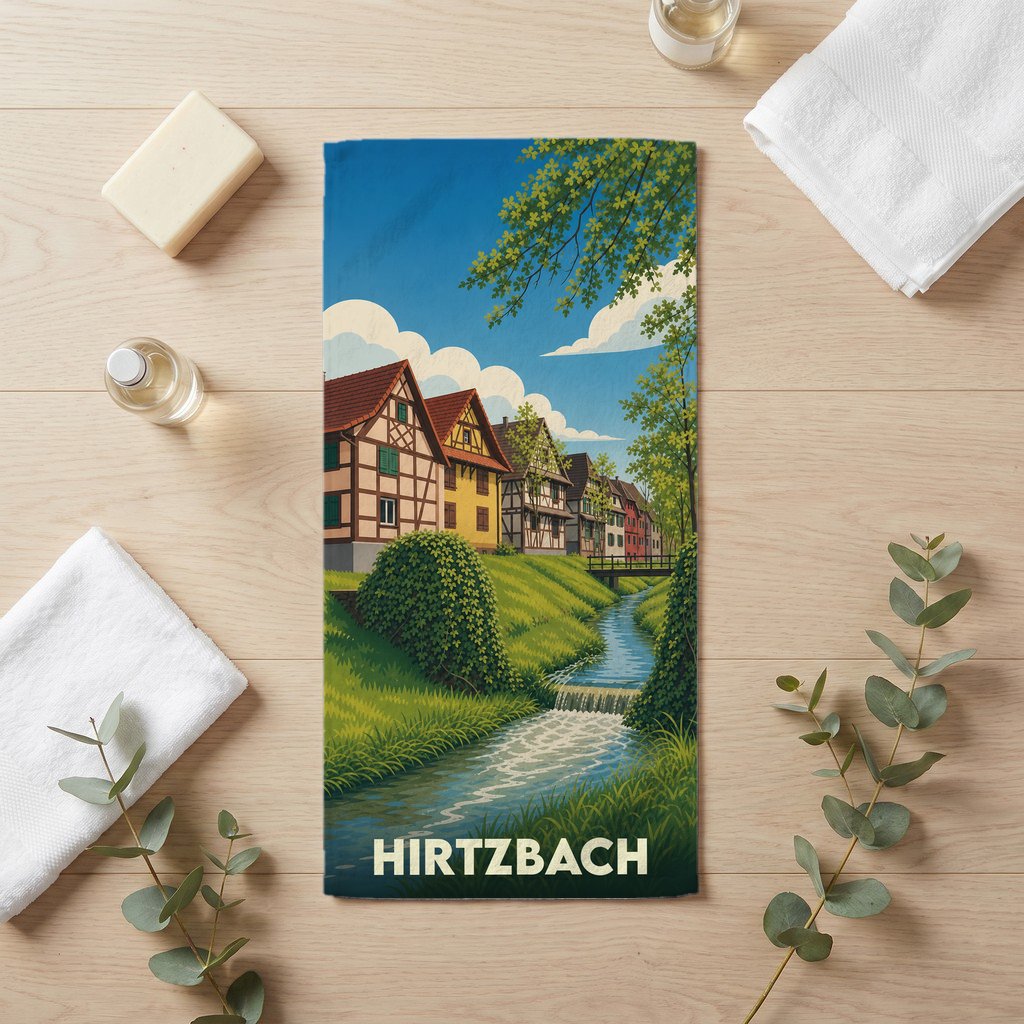 Serviette de bain souvenir de la ville de Hirtzbach avec une illustration stylisée de maisons à colombages bordant un cours d'eau.