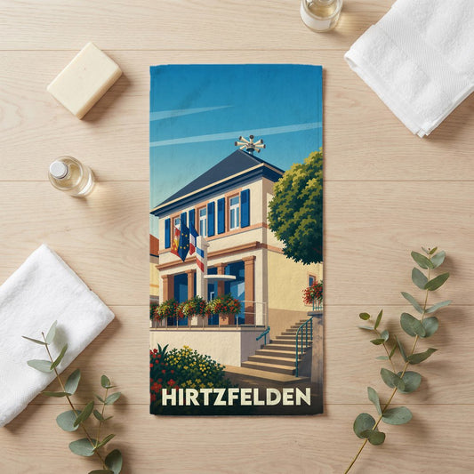 Serviette de bain souvenir de la ville de Hirtzfelden avec une illustration stylisée de sa mairie.