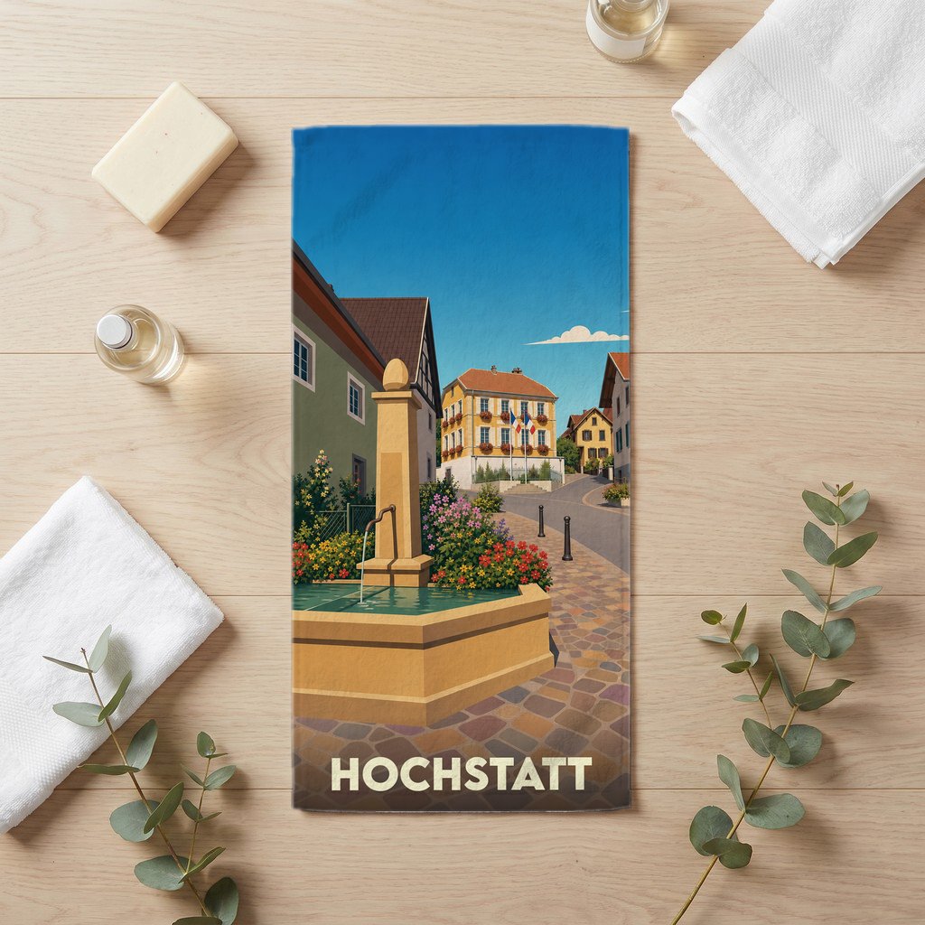 Serviette de bain souvenir de la ville de Hochstatt avec une illustration stylisée d'une fontaine et de maisons traditionnelles.