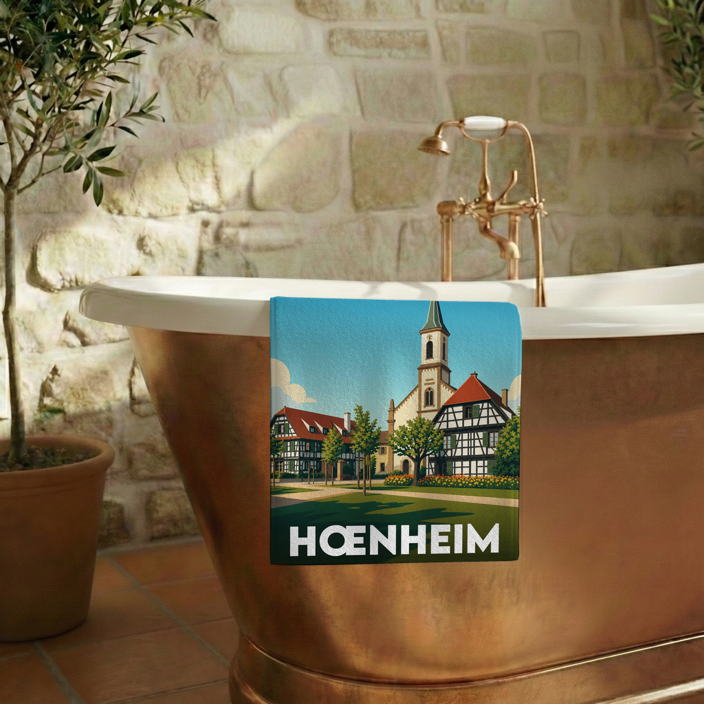 Serviette de bain souvenir de la ville de Hœnheim avec une illustration stylisée.
