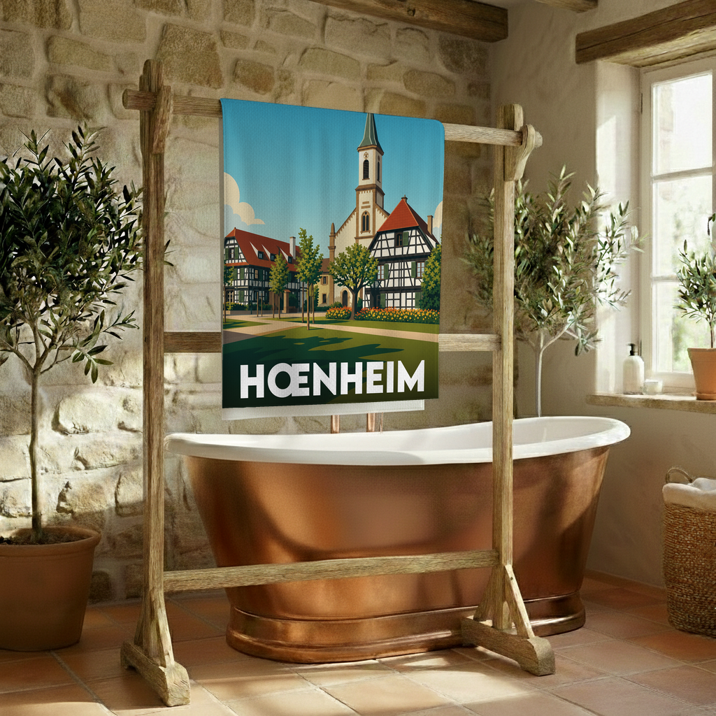 Serviette de bain souvenir de la ville de Hœnheim avec une illustration stylisée.