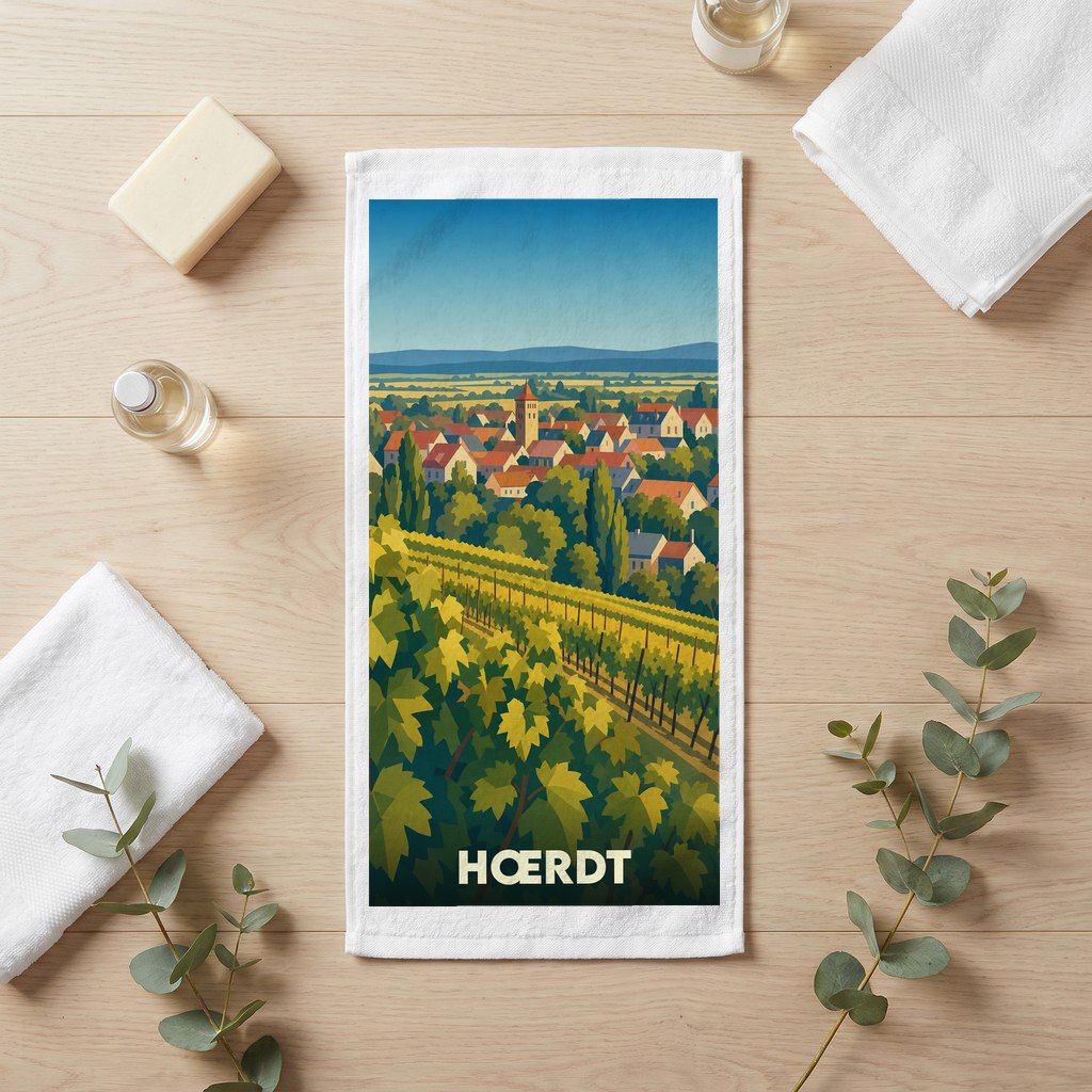 Serviette de bain souvenir de la ville de Hœrdt avec une illustration stylisée de vignobles et du village.