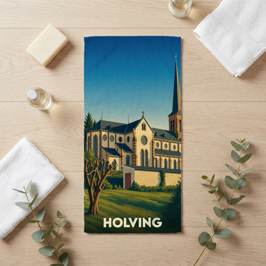 Serviette de bain souvenir de la ville de Holving illustrée d'une église de style gothique.