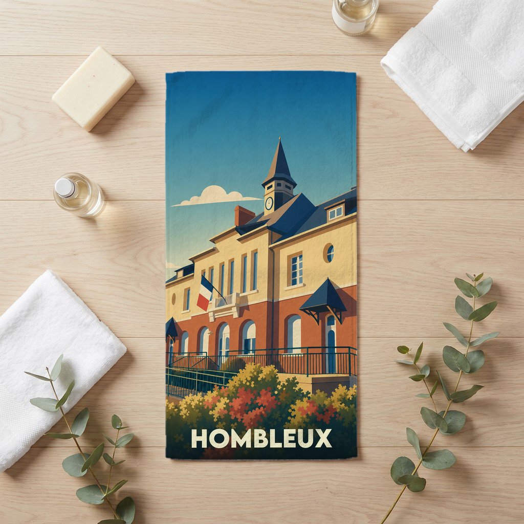 Serviette de bain souvenir de la ville de Hombleux avec une illustration stylisée de sa mairie.