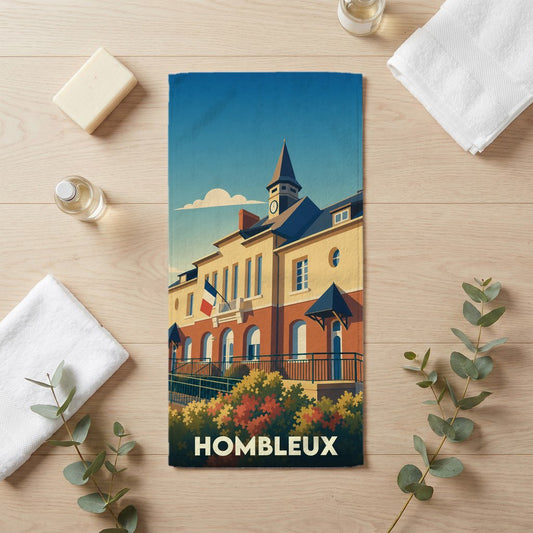 Serviette de bain souvenir de la ville de Hombleux avec une illustration stylisée de sa mairie.