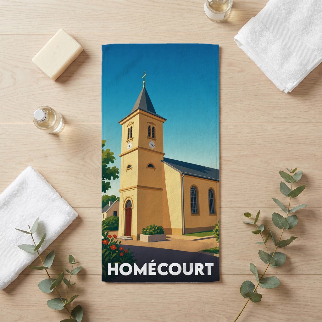 Serviette de bain souvenir de la ville de Homécourt avec une illustration stylisée de son église.
