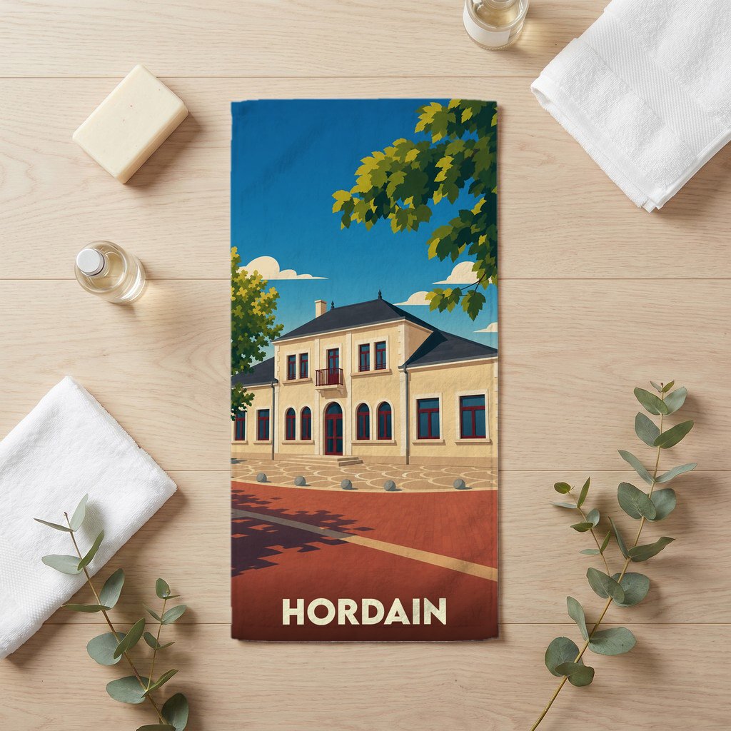 Serviette de bain souvenir de la ville de Hordain avec une illustration stylisée.