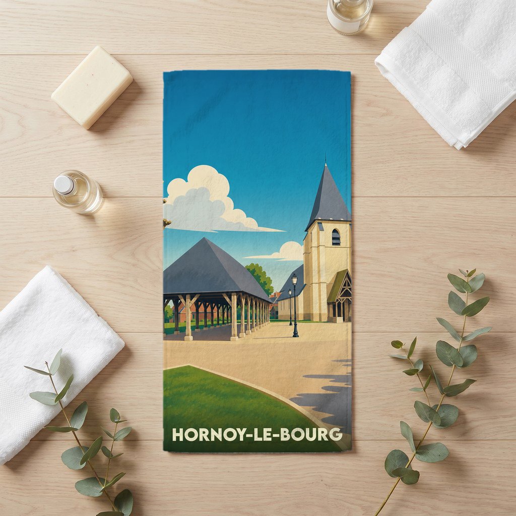 Serviette de bain souvenir de la ville de Hornoy-le-Bourg avec une illustration stylisée de son église et de sa halle.