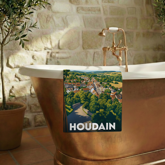 Serviette de bain souvenir de la ville de Houdain avec une illustration stylisée.