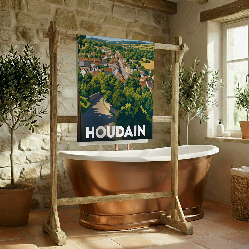 Serviette de bain souvenir de la ville de Houdain avec une illustration stylisée.
