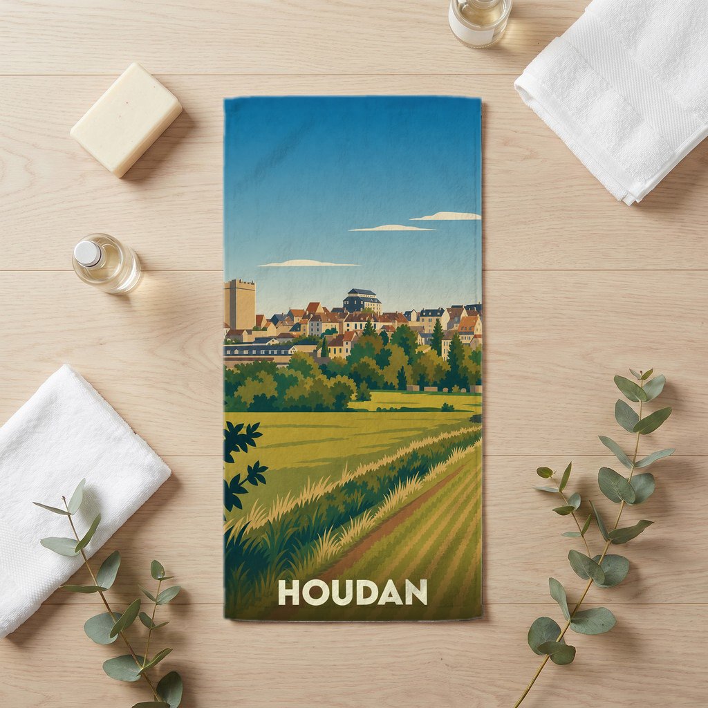 Serviette de bain souvenir de la ville de Houdan avec une illustration stylisée de son paysage et de ses monuments.