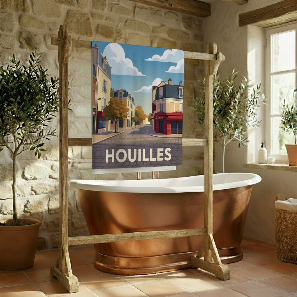 Serviette de bain souvenir de la ville de Houilles avec une illustration stylisée.