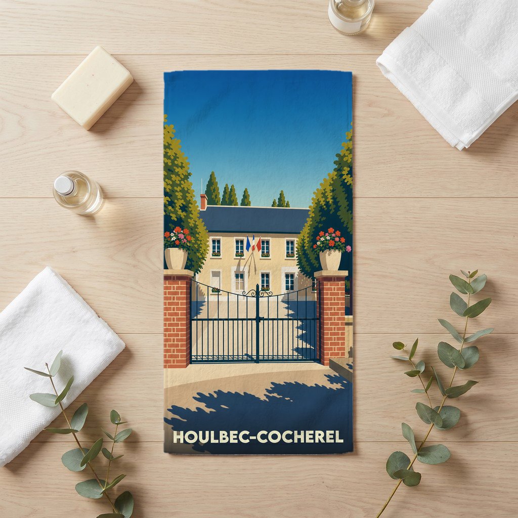 Serviette de bain souvenir de la ville de Houlbec-Cocherel avec une illustration stylisée d'un bâtiment officiel.