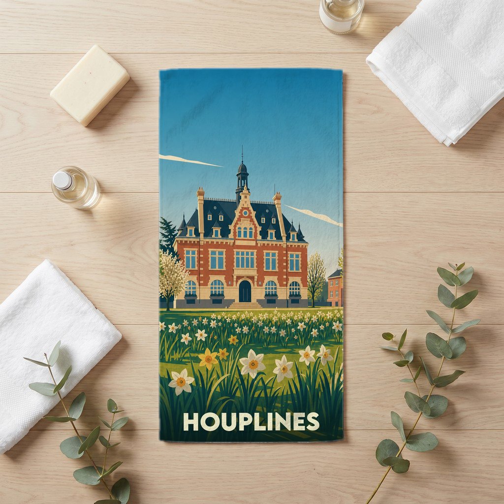 Serviette de bain souvenir de la ville de Houplines illustrée d'un manoir entouré de jonquilles.