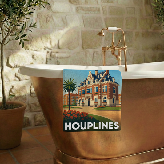 Serviette de bain souvenir de la ville de Houplines avec une illustration stylisée.