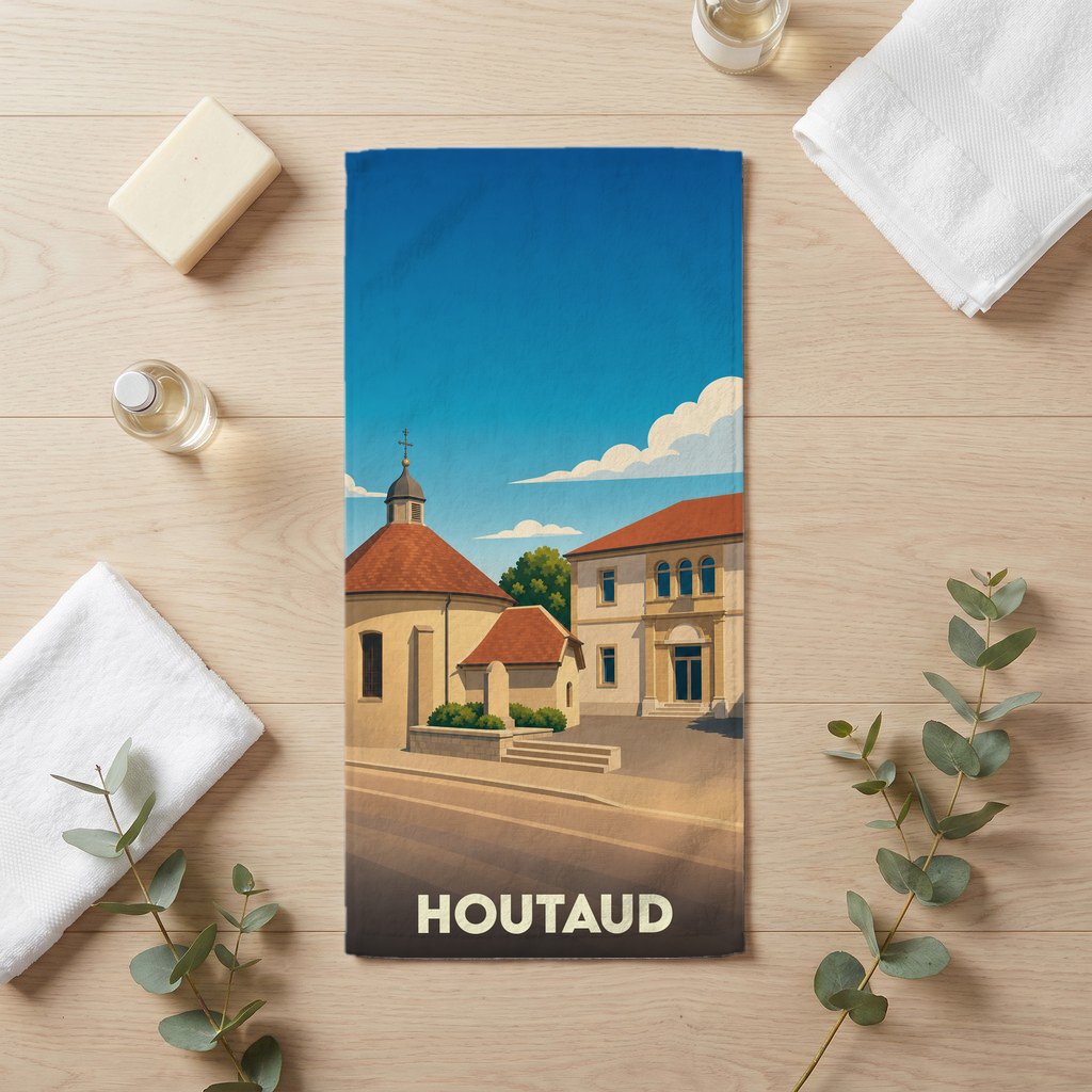 Serviette de bain souvenir de la ville de Houtaud avec une illustration stylisée de son patrimoine.